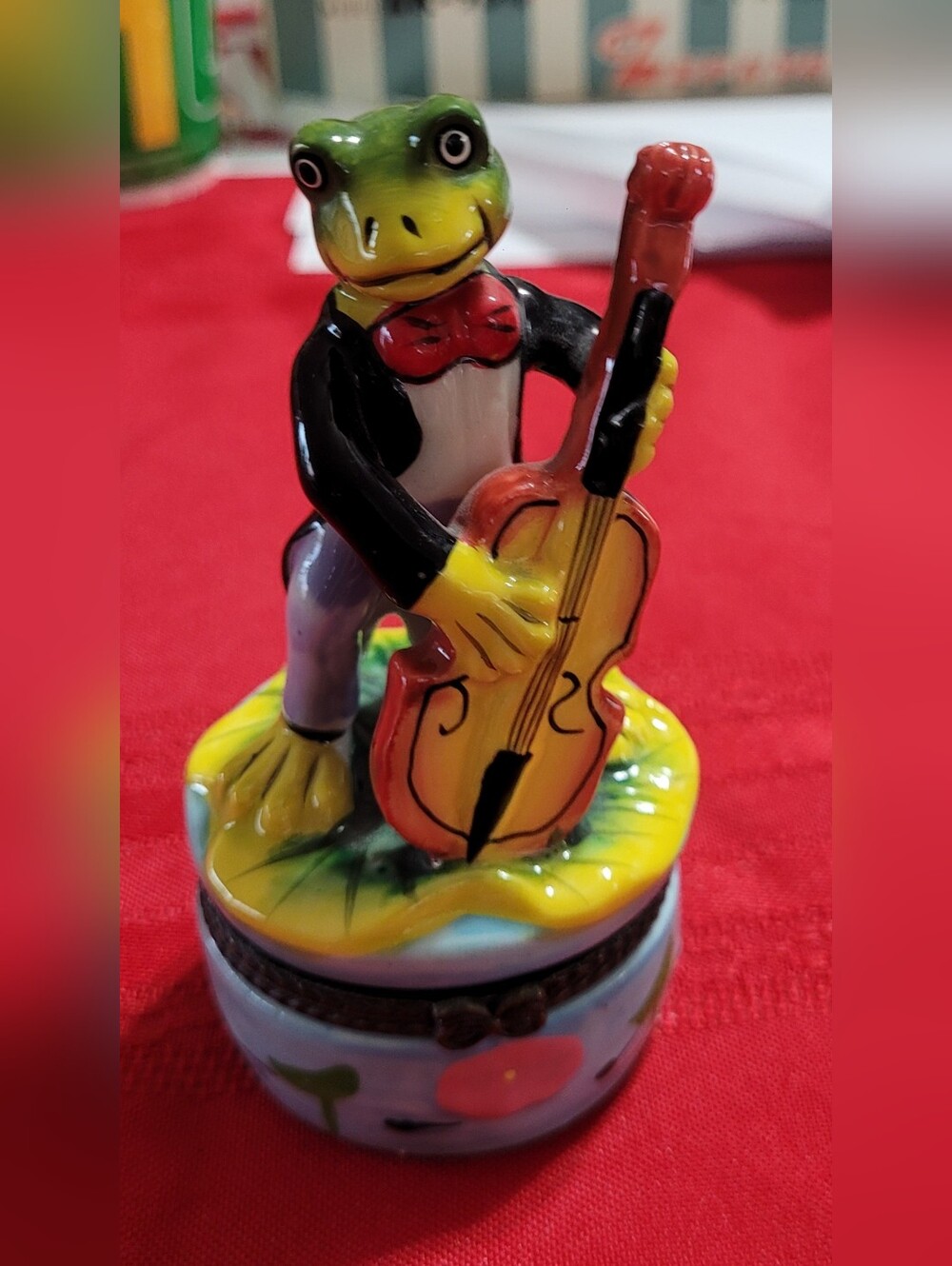 Ceramic Frog Figurine Playing Cello - Green & Yellow - 4" Hinged Trinket Box